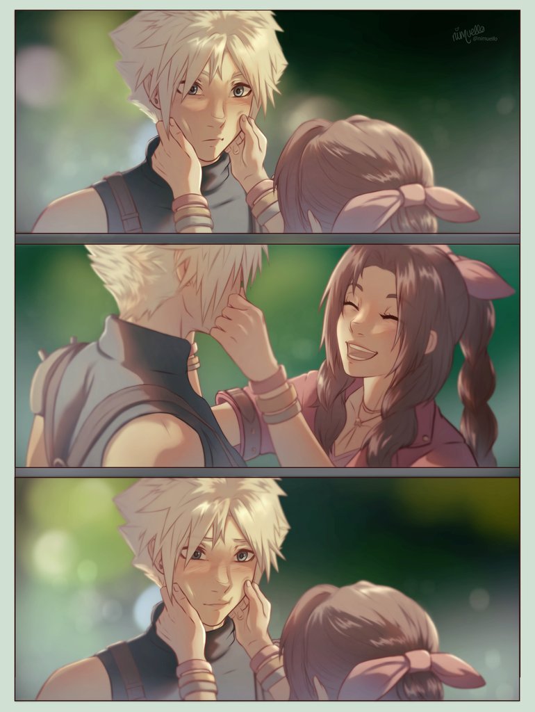 cloud strife and aerith gainsborough (final fantasy and 2 more) drawn by nimuello