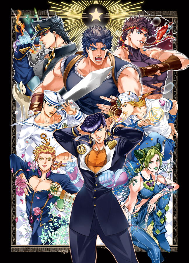 joseph joestar, kujo jotaro, kujo jolyne, giorno giovanna, jonathan joestar, and 5 more (jojo no kimyou na bouken and 8 more) drawn by chaashuu
