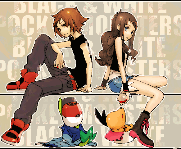 hilda, hilbert, snivy, and tepig (pokemon and 1 more) drawn by ha.skr_(hasukara)