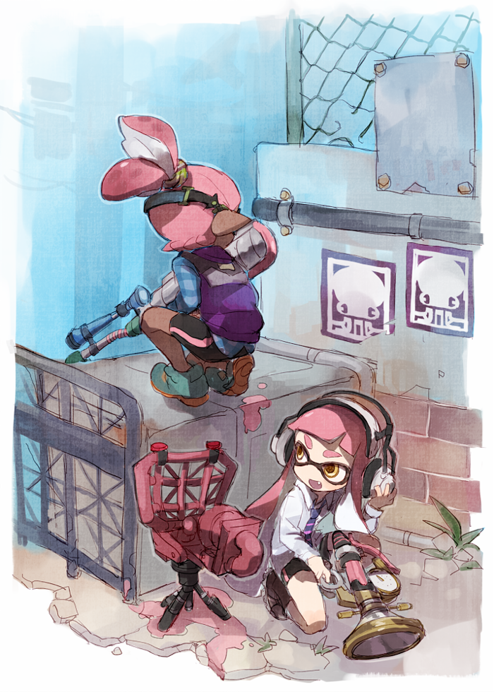 inkling player character, inkling girl, and inkling boy (splatoon) drawn by soto