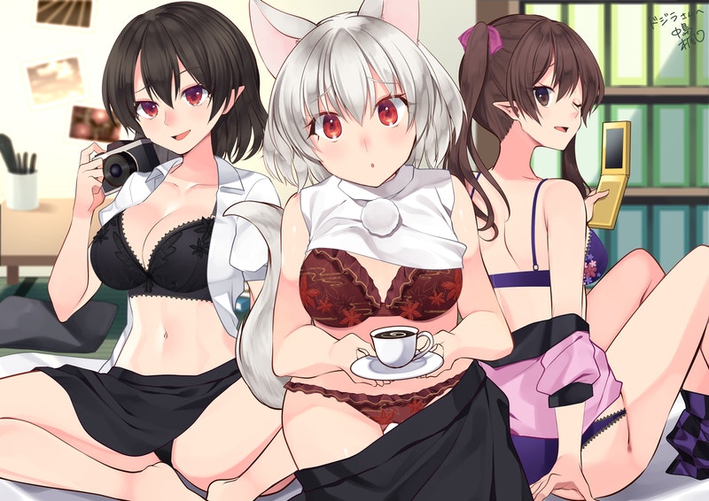 shameimaru aya, inubashiri momiji, and himekaidou hatate (touhou) drawn by kaede_(mmkeyy)