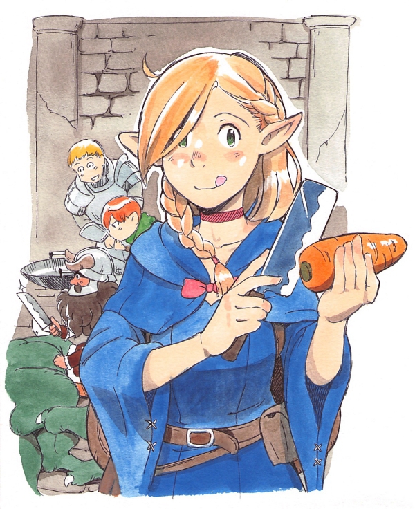 marcille donato, laios touden, senshi, and chilchuck tims (dungeon meshi) drawn by caracol