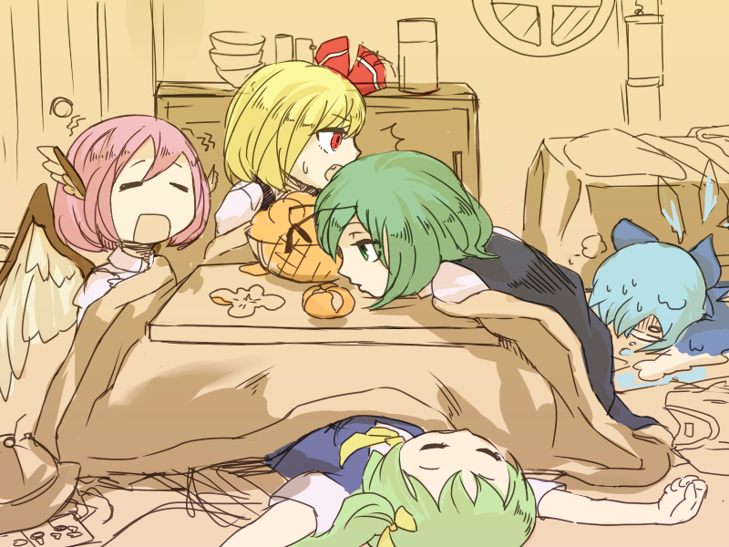 cirno, rumia, mystia lorelei, daiyousei, and wriggle nightbug (touhou) drawn by kijima_(amayadori-tei)