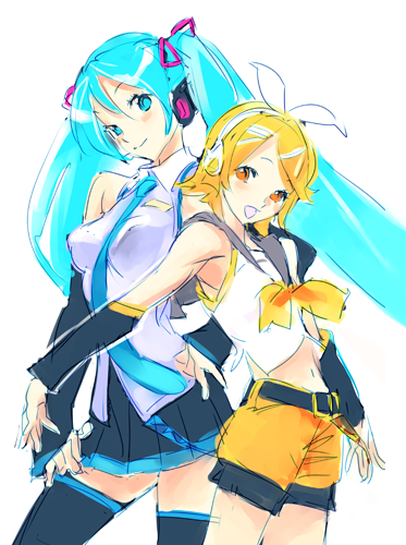 hatsune miku and kagamine rin (vocaloid) drawn by nishieda