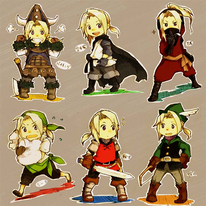 ninja, thief, monk, warrior, ranger, and 2 more (final fantasy and 1 more) drawn by uzaki_(jiro)
