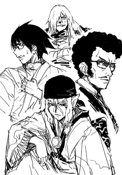 itoshiki nozomu, viral, kusuriuri, and masa (tengen toppa gurren lagann and 3 more) drawn by shirayuki_shoushirou