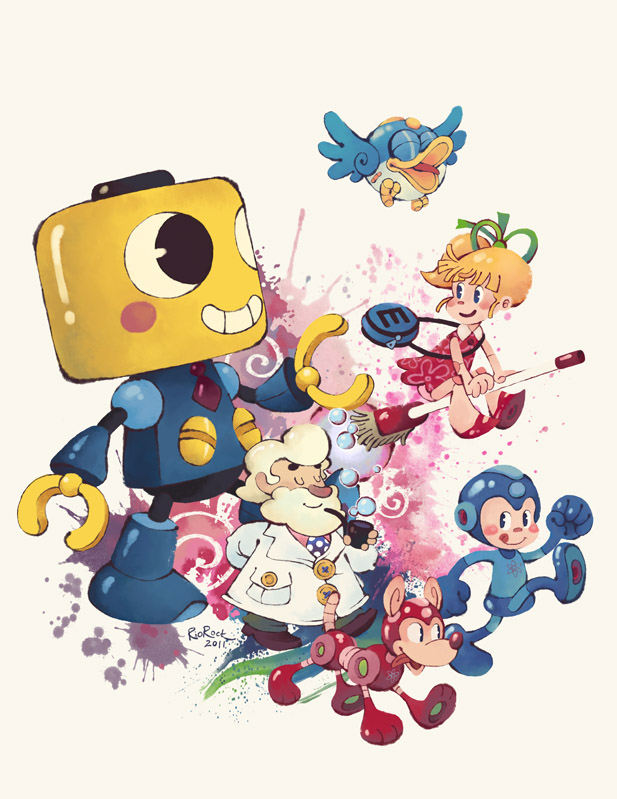 roll, mega man, servbot, rush, dr. light, and 1 more (mega man and 1 more) drawn by riorock