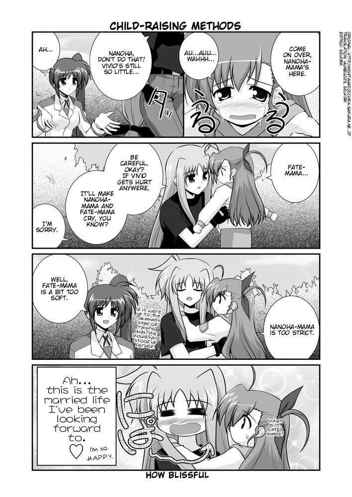 fate testarossa, takamachi nanoha, and vivio (lyrical nanoha and 1 more) drawn by mikage_takashi