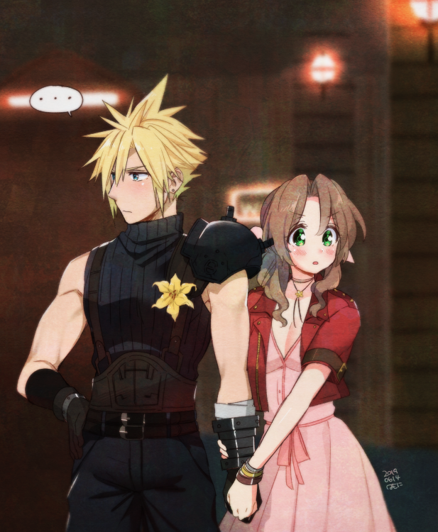 cloud strife and aerith gainsborough (final fantasy and 2 more) drawn by krudears