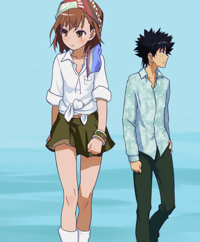 misaka mikoto and kamijou touma (toaru majutsu no index and 1 more) drawn by kyoudyu
