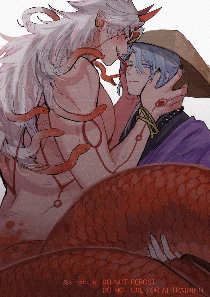 kamisato ayato and arataki itto (genshin impact) drawn by singtou