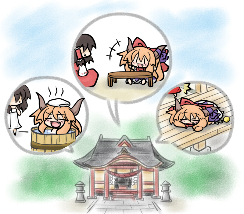 hakurei reimu and ibuki suika (touhou) drawn by yanagi_(nurikoboshi)