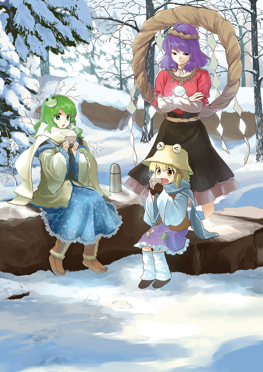 kochiya sanae, moriya suwako, and yasaka kanako (touhou) drawn by chagen_kokimu