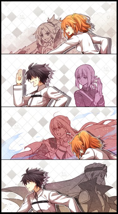 fujimaru ritsuka, mordred, florence nightingale, gilgamesh, and bedivere (fate and 1 more) drawn by choco_taberusan