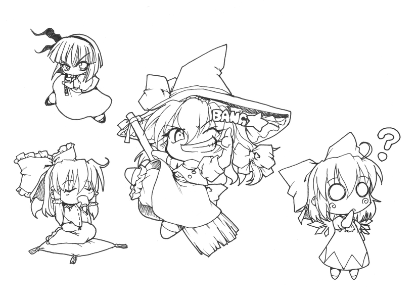 hakurei reimu, kirisame marisa, konpaku youmu, and cirno (touhou) drawn by neko_shiki_(artist)