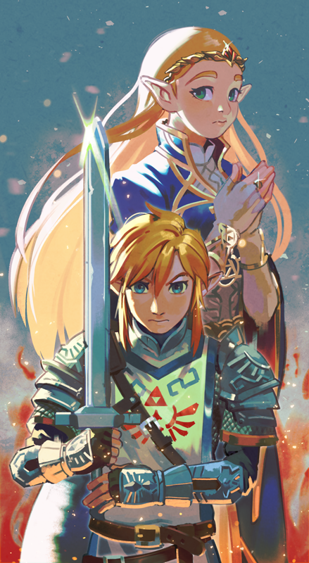 link and princess zelda (the legend of zelda and 2 more) drawn by uzucake