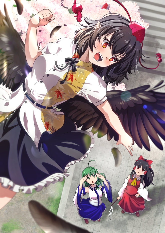 hakurei reimu, kochiya sanae, and shameimaru aya (touhou and 1 more) drawn by murasaki_tsutsuji