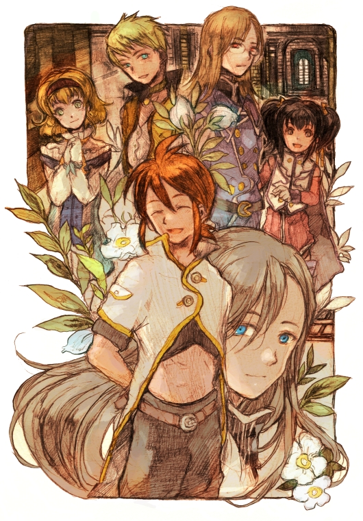 tear grants, luke fon fabre, anise tatlin, natalia luzu kimlasca lanvaldear, jade curtiss, and 1 more (tales of and 1 more) drawn by tamiko_(tamiko_jp)
