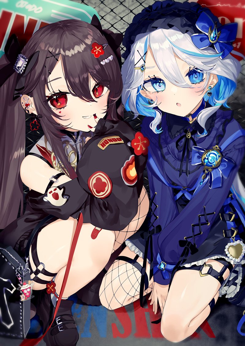 hu tao and furina (genshin impact) drawn by sakurato_remi