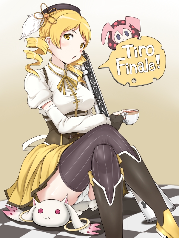tomoe mami, kyubey, and charlotte (mahou shoujo madoka magica) drawn by ina_(gokihoihoi)
