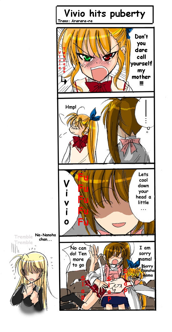 fate testarossa, takamachi nanoha, and vivio (lyrical nanoha and 1 more) drawn by hina_sasaki