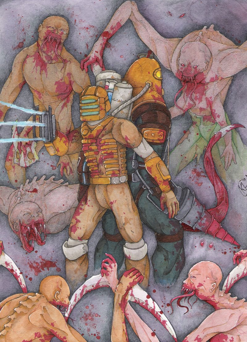 isaac clarke, slasher, subject delta, and leaper (bioshock and 2 more) drawn by raptor_barry