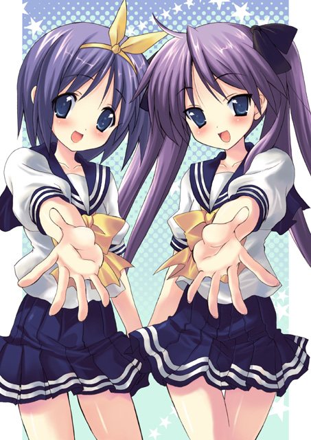 hiiragi kagami and hiiragi tsukasa (lucky star) drawn by kyogoku_shin