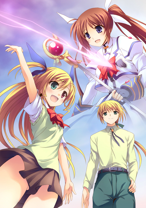 takamachi nanoha, raising heart, vivio, and yuuno scrya (lyrical nanoha and 1 more) drawn by kusakami_akira