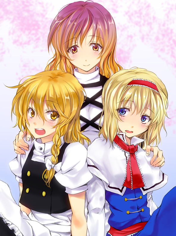 kirisame marisa, alice margatroid, and hijiri byakuren (touhou) drawn by tsujigiri