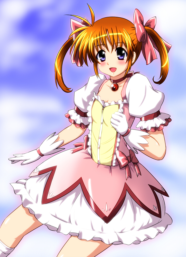 kaname madoka, takamachi nanoha, and raising heart (mahou shoujo madoka magica and 2 more) drawn by diesel-turbo
