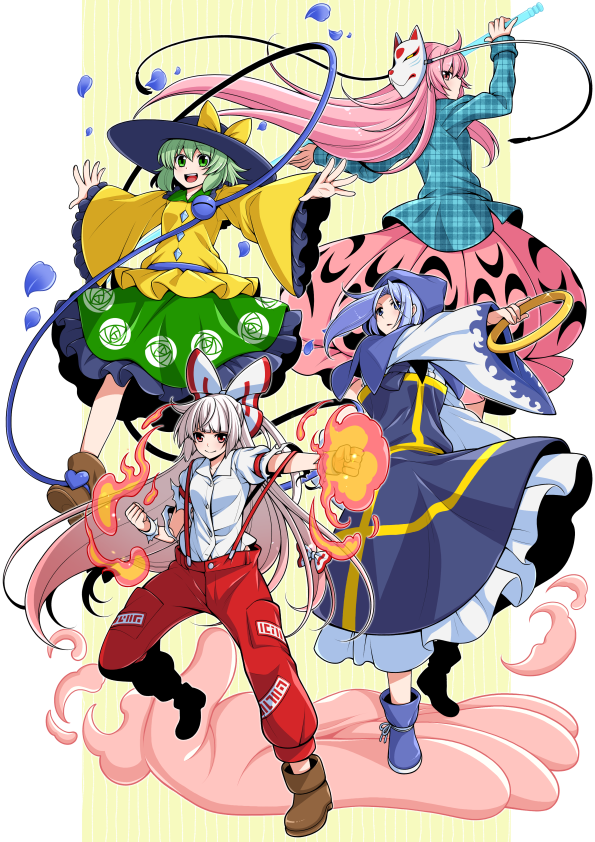 komeiji koishi, fujiwara no mokou, hata no kokoro, kumoi ichirin, and unzan (touhou) drawn by eichi_yuu