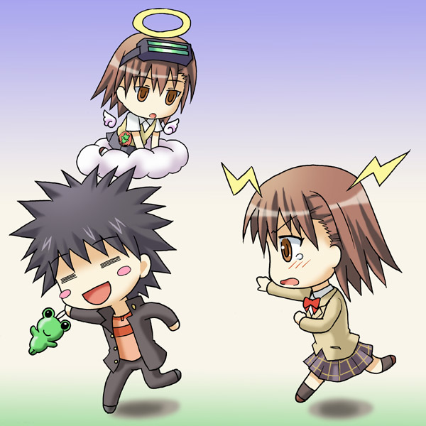 misaka mikoto, kamijou touma, gekota, misaka imouto, and misaka imouto 9982 (toaru majutsu no index and 1 more) drawn by kotaken