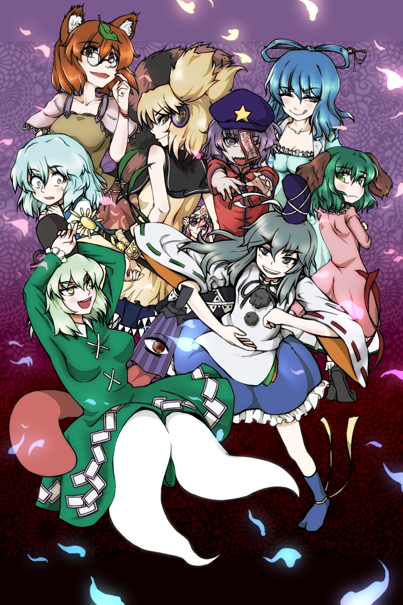 saigyouji yuyuko, tatara kogasa, toyosatomimi no miko, mononobe no futo, kaku seiga, and 4 more (touhou and 1 more) drawn by sanagi_(diohazard)