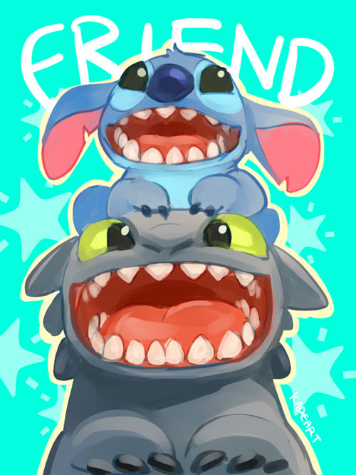 stitch and toothless (lilo & stitch and 1 more) drawn by kadeart