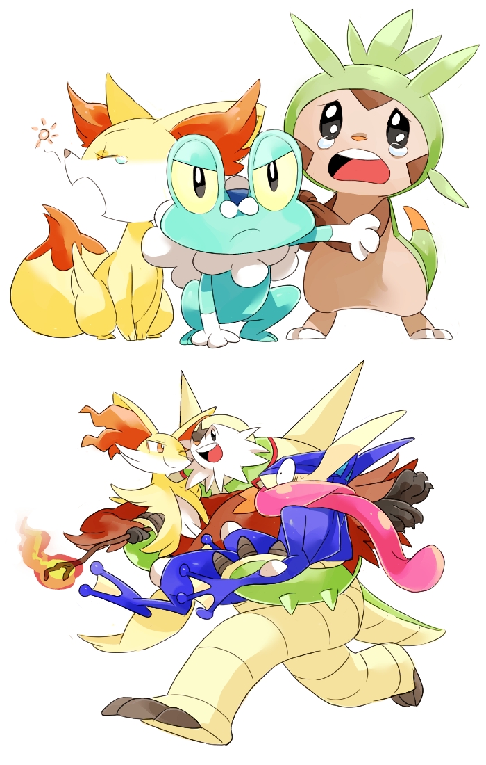 fennekin, greninja, chespin, froakie, delphox, and 1 more (pokemon) drawn by ban_(ban62460424)