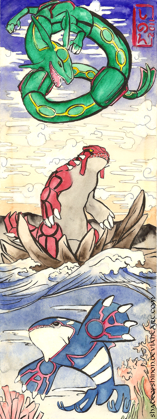 rayquaza, kyogre, and groudon (pokemon) drawn by shadeofshinon