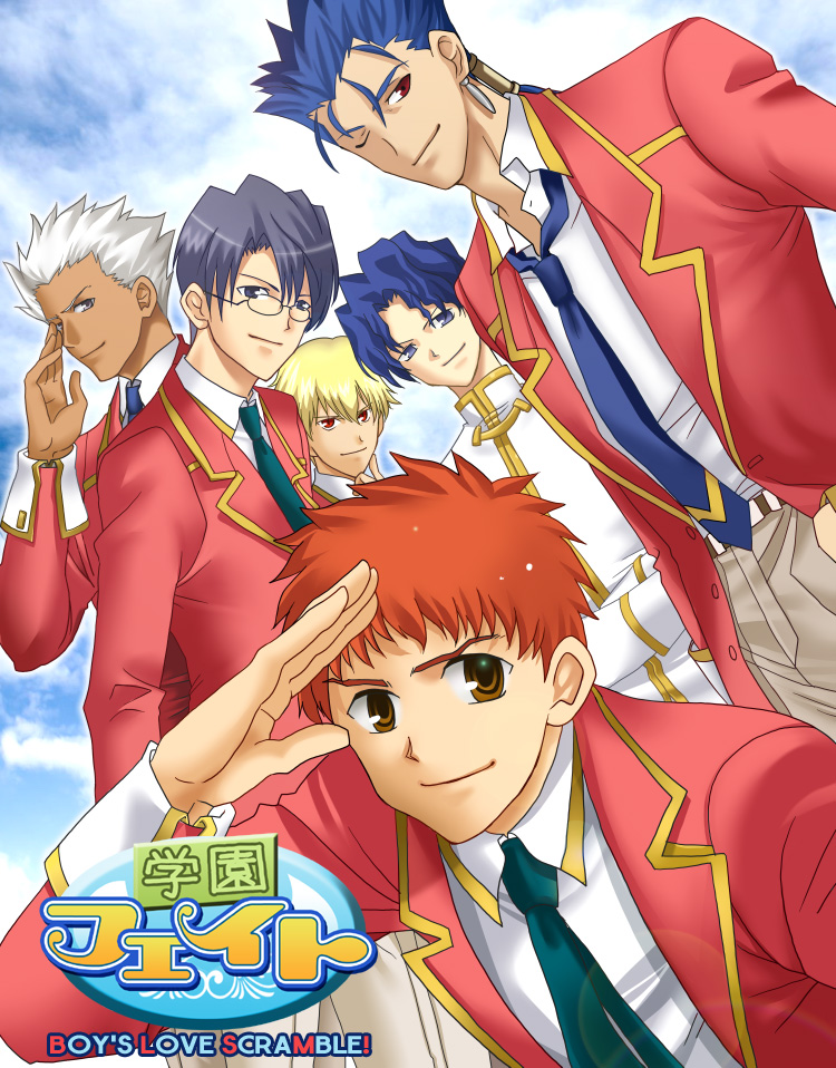 gilgamesh, emiya shirou, cu chulainn, archer, matou shinji, and 1 more (fate and 2 more) drawn by mokuba_(mujo)