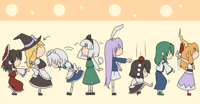 hakurei reimu, kirisame marisa, izayoi sakuya, kochiya sanae, konpaku youmu, and 3 more (touhou and 1 more) drawn by orippa
