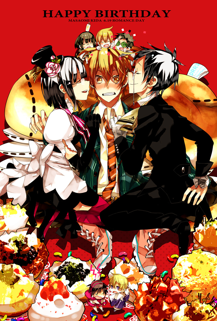 orihara izaya, sonohara anri, heiwajima shizuo, ryuugamine mikado, and kida masaomi (durarara!!) drawn by houhou_(black_lack)