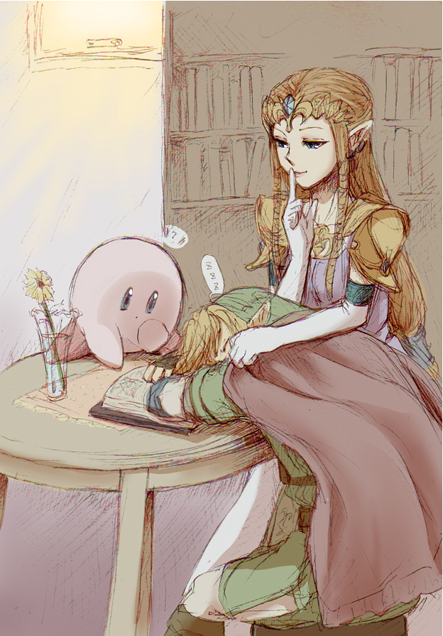 link, princess zelda, and kirby (the legend of zelda and 3 more) drawn by saiba_(henrietta)