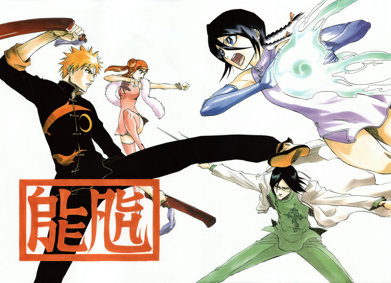 kuchiki rukia, inoue orihime, kurosaki ichigo, and ishida uryuu (bleach) drawn by kubo_tite