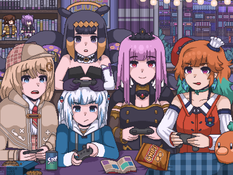 gawr gura, mori calliope, ninomae ina'nis, nekomata okayu, takanashi kiara, and 3 more (hololive and 1 more) drawn by nellawashere