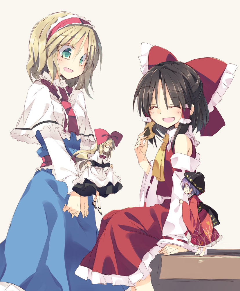 hakurei reimu, alice margatroid, shanghai doll, and sukuna shinmyoumaru (touhou) drawn by satou_kibi