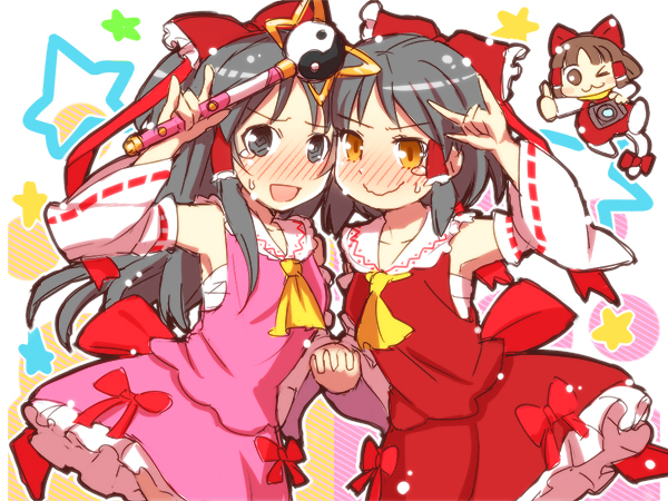 hakurei reimu, benikurage, and sananana (touhou and 1 more) drawn by umo_(cookie)