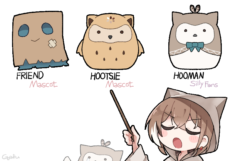 nanashi mumei, friend, hootsie, and hooman (hololive and 1 more) drawn by gyaheung