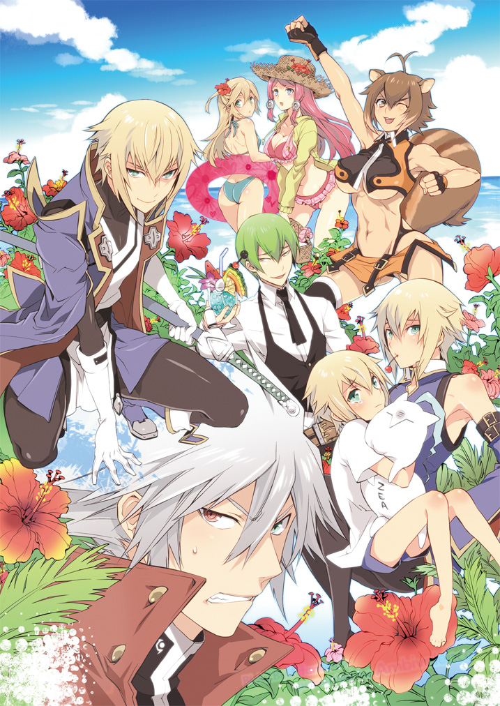 makoto nanaya, noel vermillion, ragna the bloodedge, jin kisaragi, tsubaki yayoi, and 2 more (blazblue) drawn by sumeshi_(ambivalince)