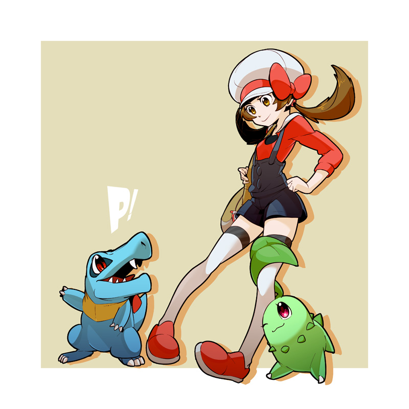 lyra, chikorita, and totodile (pokemon and 1 more) drawn by yubidoriru