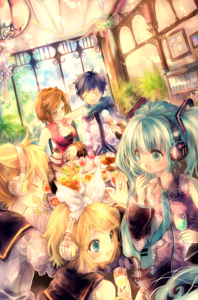 hatsune miku, kagamine rin, kagamine len, kaito, and meiko (vocaloid) drawn by onineko