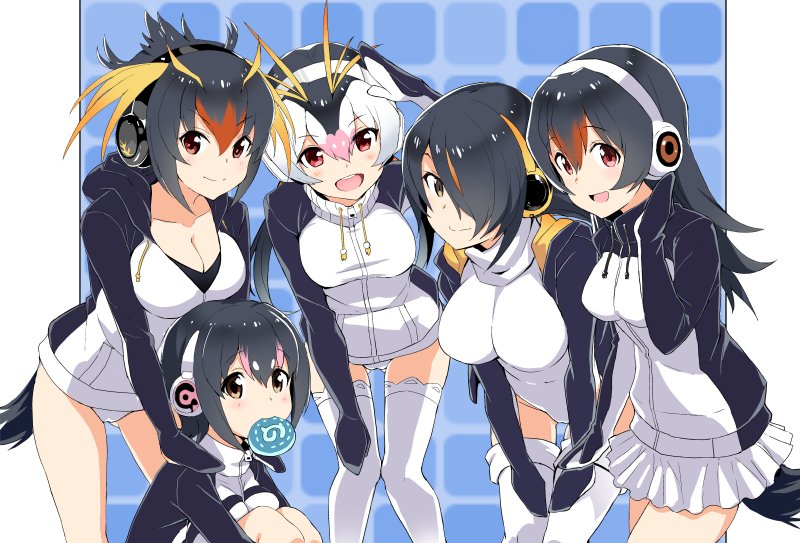 emperor penguin, humboldt penguin, royal penguin, rockhopper penguin, and gentoo penguin (kemono friends) drawn by mirai_denki