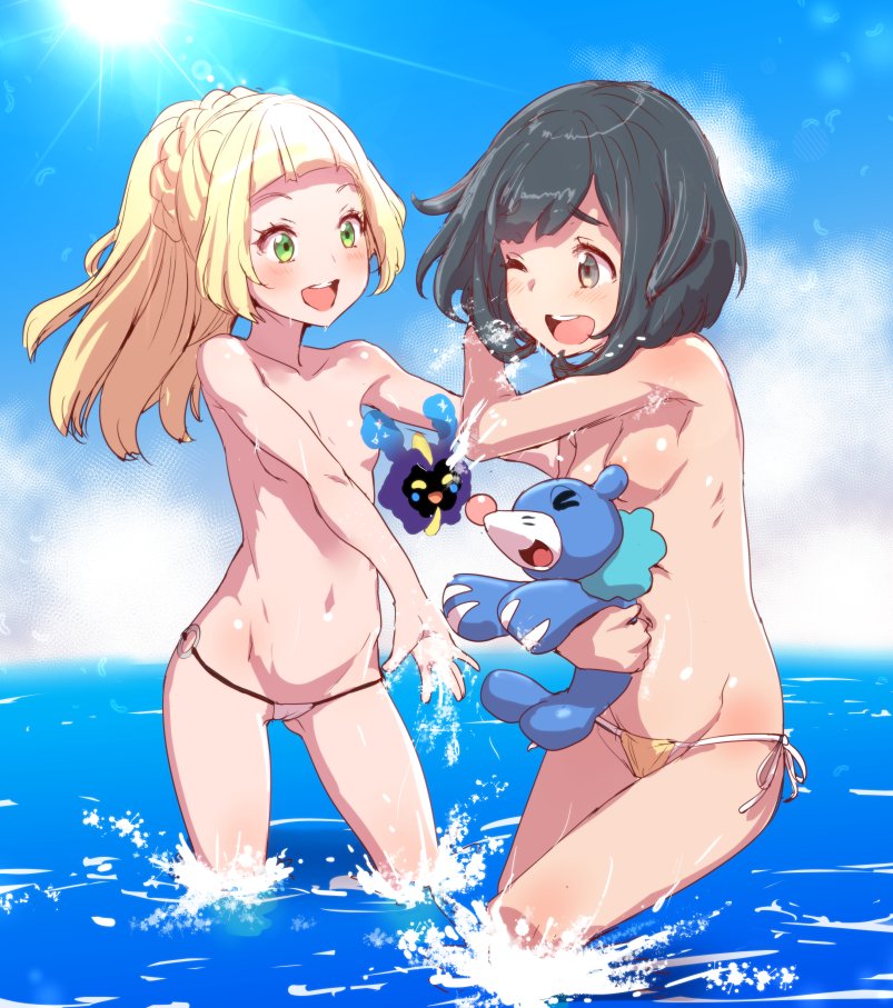 lillie, selene, popplio, and cosmog (pokemon and 1 more) drawn by clearite